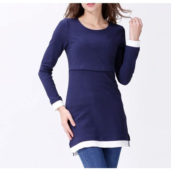 Emotion, mom navy blue and white maternity, nursing top size large - Picture 1 of 5